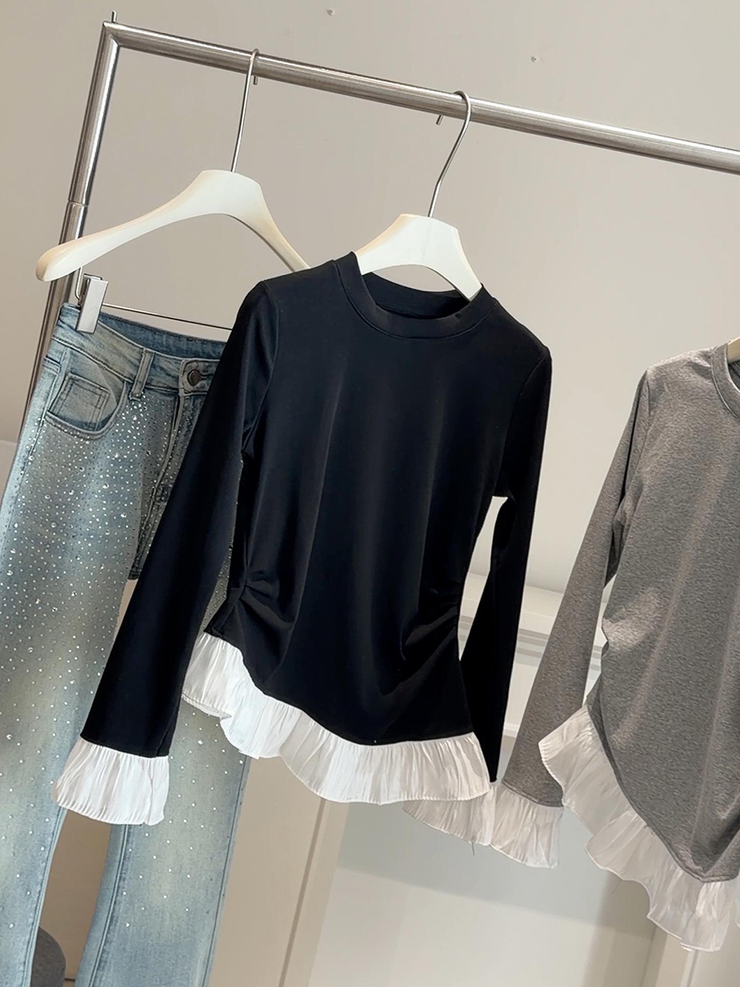 Irregular Ruffle Patchwork Long Sleeve Women s T-Shirt - 2026 Spring Slimming Pleated Round Neck Top One Size чёрный