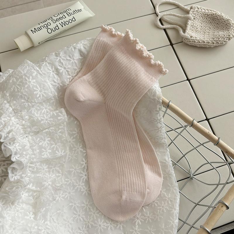 Black Ear-trimmed Socks for Women In Autumn, Solid Color Lace Mid-calf Pile Socks, Versatile Stretch Socks