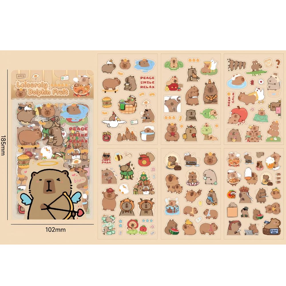 6 Blatt/Packung Transparente Niedliche Cartoon-Capybara-Aufkleber Kawaii Kinder-Abziehbilder Spielzeug Wasserdicht DIY Tagebuch Schreibwaren Schulbedarf