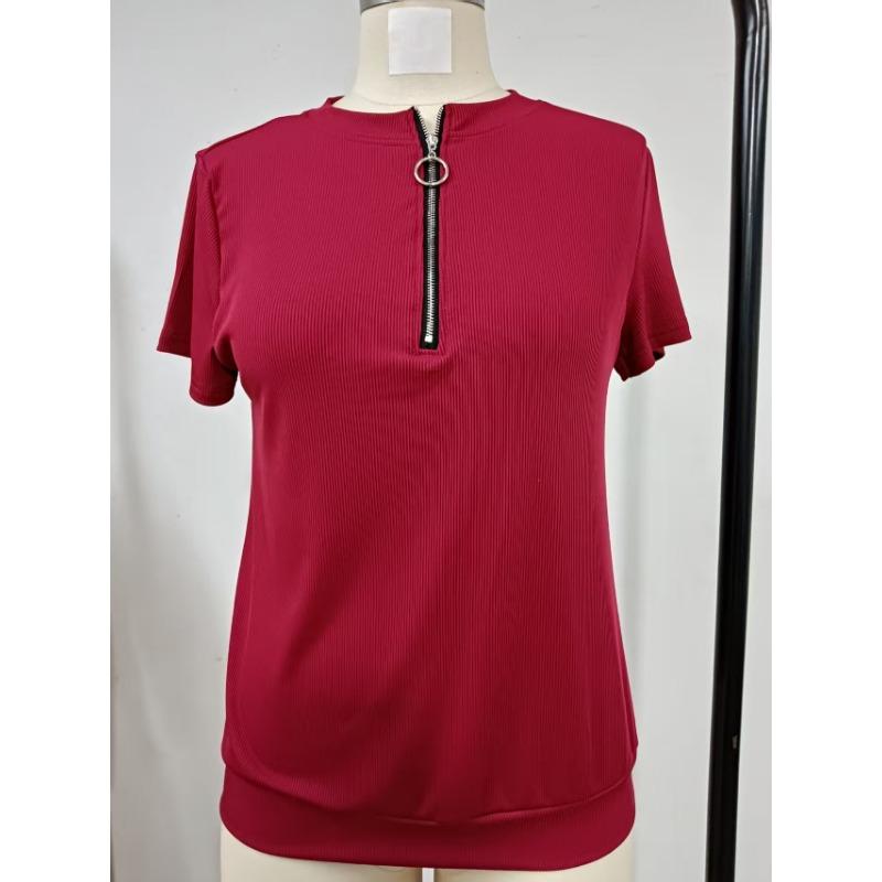 Womens Ribbed Knit Half Zip T Shirt With Stand Collar Short Sleeve Casual Slim Fit Top