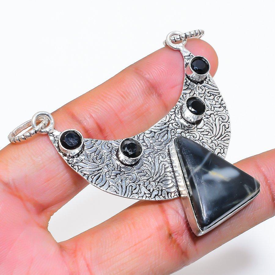 Natural Maligano Jasper, Spinel 925 Sterling Silver Jewelry Pendant 2.29" ZS-189