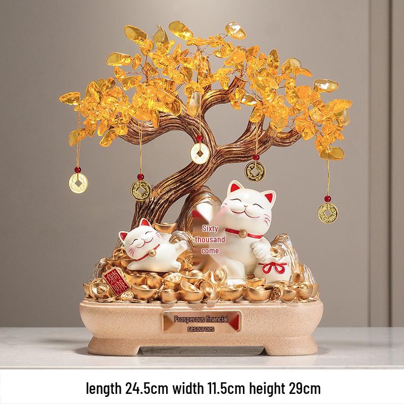 Fortune Cat Money Tree Figurine - Office, Shop, Reception & Housewarming Decoration
