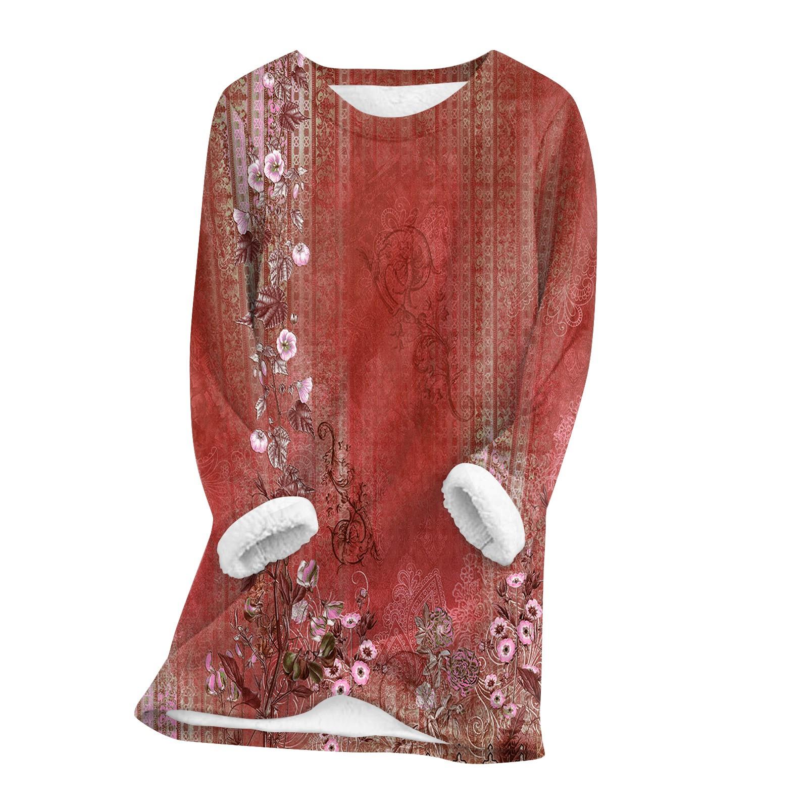 

Женский топ с круглым вырезом и принтом из утолщенного плюша и кашемира, теплый длинный топ XL винный