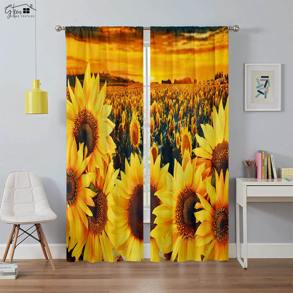 Vorhänge mit Sonnenblumendruck, Retro-Blumenmuster, geeignet für Schlafzimmer, Wohnzimmer, Balkon, dekorative Vorhänge, 2 Stück
