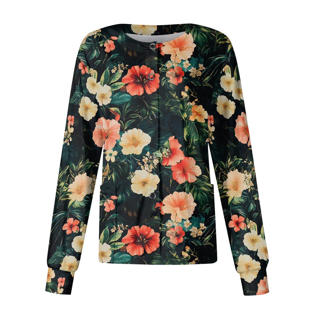 Women's Long Sleeve Button Front Floral Print Medical Scrub Top Lightweight Comfortable Fit Nursing Uniform Shirt