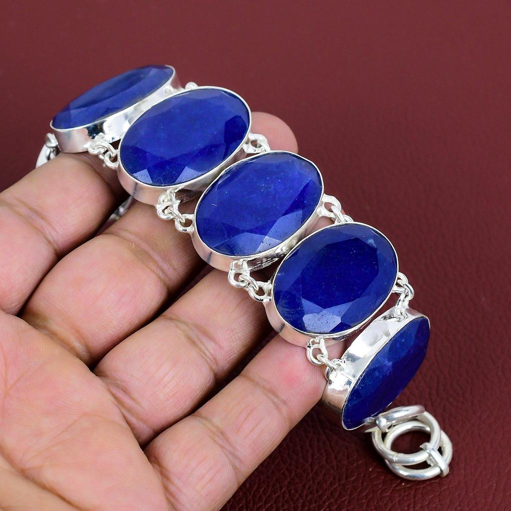 Faceted Blue Sapphire Bracelet Gemstone Bracelet 925 Sterling Silver Bracelet Adjustable Chain Bracelet Handmade Boho Jewelry Gifts for Mom