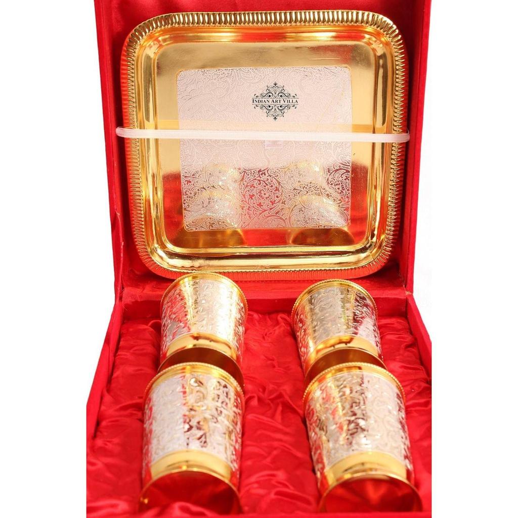 Sada 4 designových postříbřených sklenic/pohárů, leštěných do zlatova, k servírování vody, dárkový předmět k Diwali