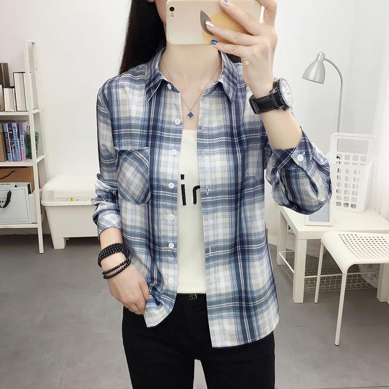 2025 Women's Korean Style Plaid Slimming Shirt - Casual Long Sleeve Print for Spring & Autumn Students