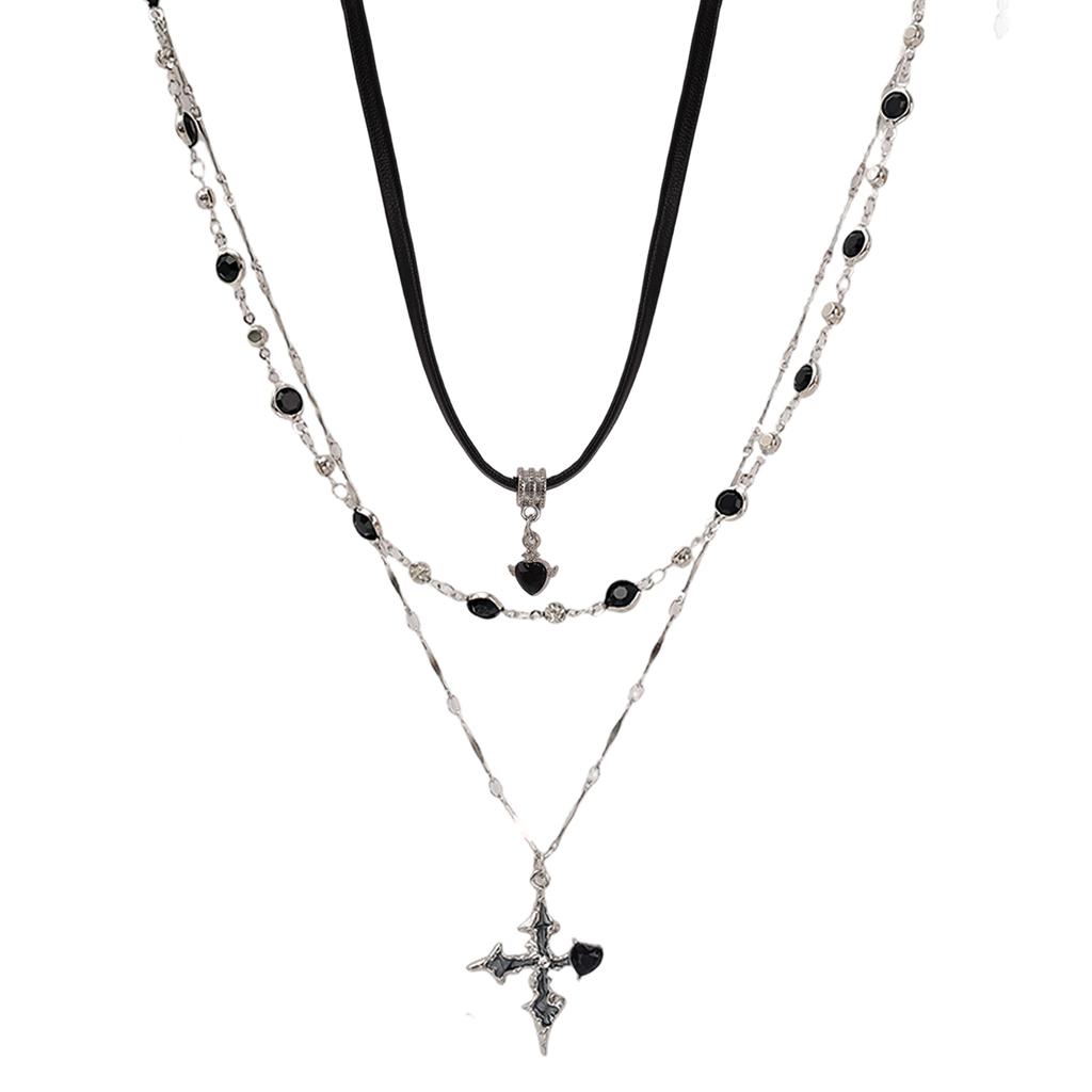 Vintage Black Cross Pendant Adjustable Necklace for Women Men Multi Layer Chain Stacking Choker Clavicle Chain Jewelry Gift