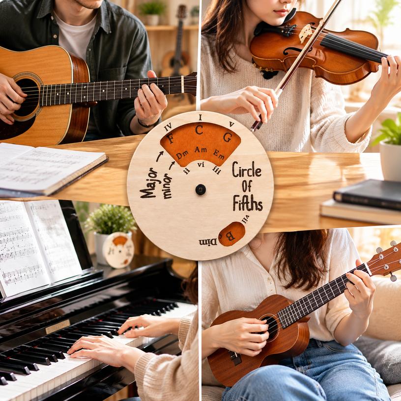 Wooden Circle of Fifths Wheel 12cm Guitar Chord Theory Tool