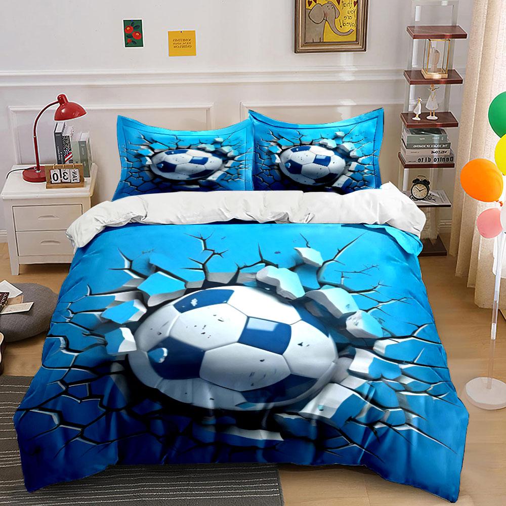 Cool 3D Soccer Ball Breaking Through Wall 3Pcs Bedding Set Soft Microfiber Bedding Set For Football Fans & Boys Room Decor