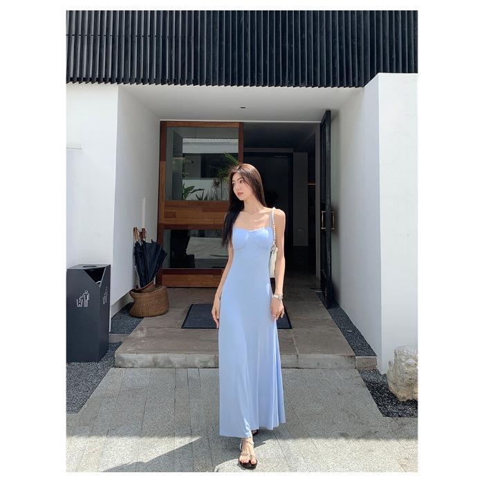 Super fairy design sense film travel vacation with chest pad suspender skirt women's vacation style sexy slim backless dress