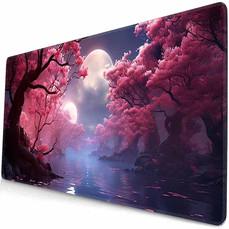 HD Große Gaming-Mauspads Kirschblüten-Landschaft Mond-Mauspad Große Schreibtischunterlagen Rutschfeste Gummi-Mauspads XXL Große Tastatur-Tischmatten