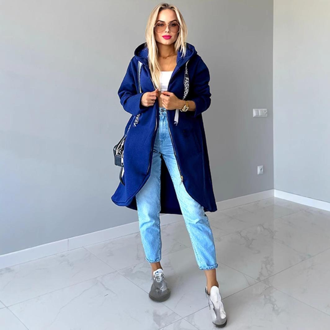 

Спортивная флисовая толстовка с капюшоном, повседневная, с длинными рукавами, на молнии, женская, большого размера, однотонное пальто S синий