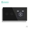 BSEED EU Standard 1/2/3Gang 2Way Wall Touch Switch Light Sensor Switches Wall Socket USB Type-C Crystal Glass Panel 240V Black