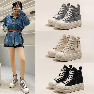 2025 Koreaanse versie van casual Martin boots dames canvas schoenen herfst nieuw vetersluiting korte schacht retro vierkante neus ademend verhogend