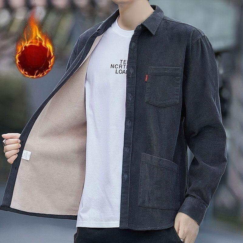 Men's Corduroy Warm Shirts Casual Jackets Long-sleeved Fleece Thickened Shirts Loose Tops and Jackets Autumn Winter Outerwear