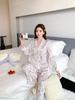 Women's Ice Silk Pajamas, Long Sleeve Set with Cartoon Design, Elegant Summer and Autumn Style, Internet Celebrity-Inspired Homewear.