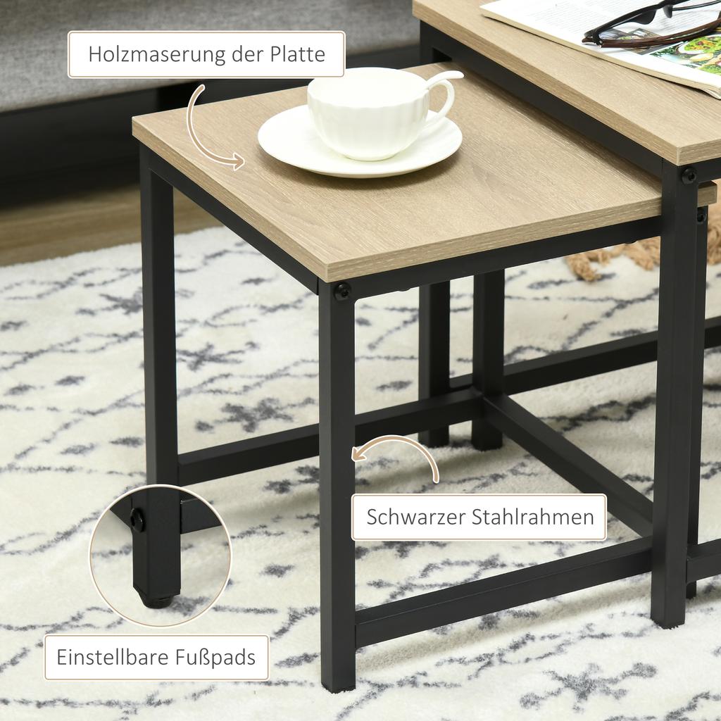Set Of 3 Side Tables Industrial Design Black Steel Frame Wood Grain Tabletop