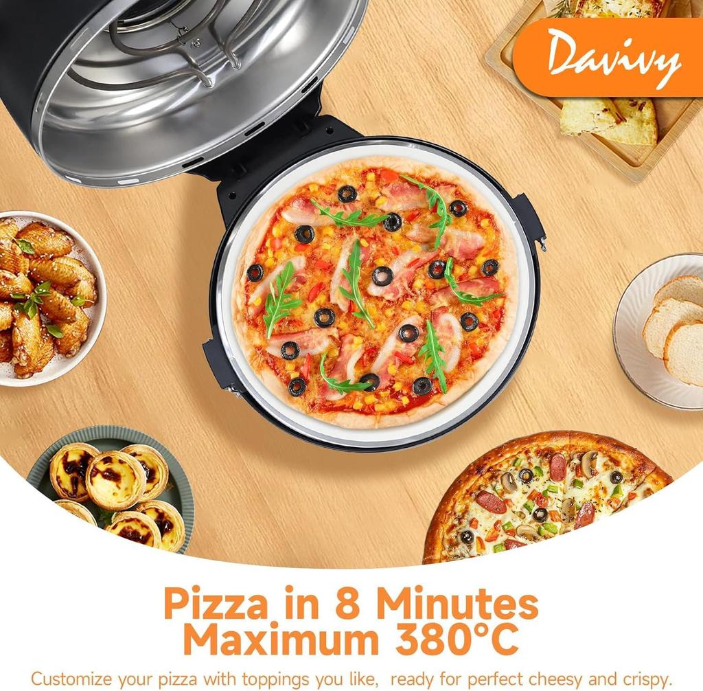 16-inch Pizza Oven, 1600W Countertop Pizza Machine, 420℃ Pizza Oven, Ceramic Stone Pizza Oven with Built-in Thermometer and Timer