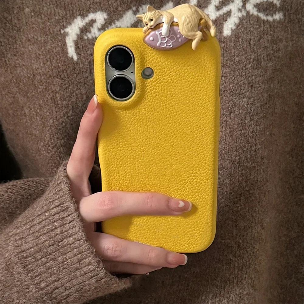 Cute 3D Cartoon Lying Cat Fish Lychee Pattern Leather Phone Case For iPhone 16 Pro 15 13 12 11 Pro Max 14 Plus Lovely Soft Cover