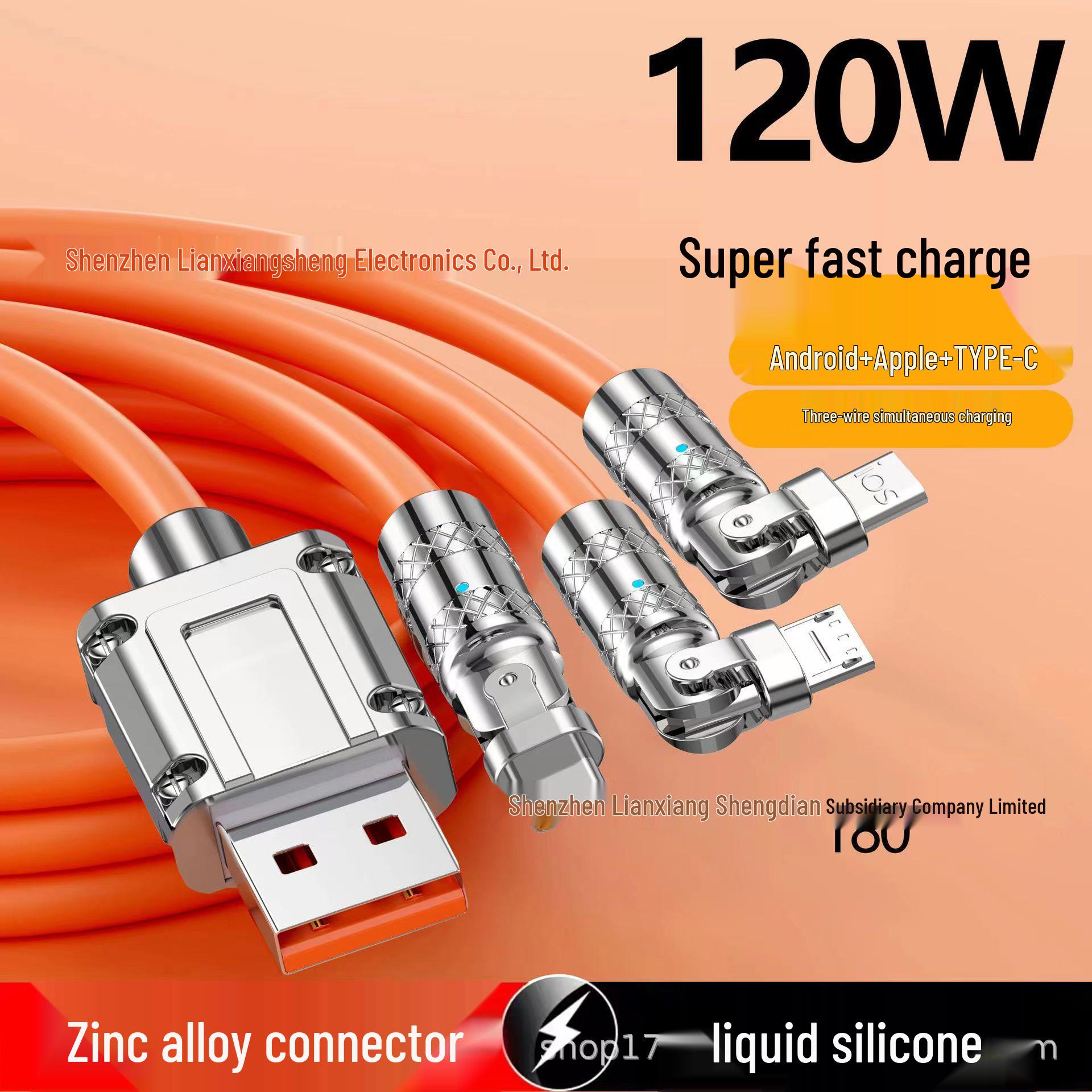 

Universal 6A Rotating Flash Charging Cable for Apple, Huawei, Vivo, Xiaomi, and Oppo (One-to-Three) Sky Blue (with strap)