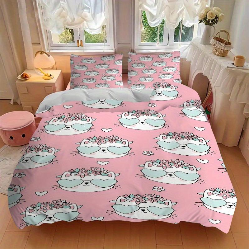 3pcs Animal-themed Cat Floral Soft and Comfortable Breathability, Bedding Set, Machine Washable, Suitable for All Seasons163
