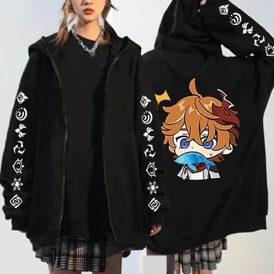 Anime Oyun Kawaii Tartaglia Genshin Impact Fermuarlı Kapüşonlular Kışlık Sıcak Harajuku Uzun Kollu Oversize Siyah Fermuarlı Ceket Mont