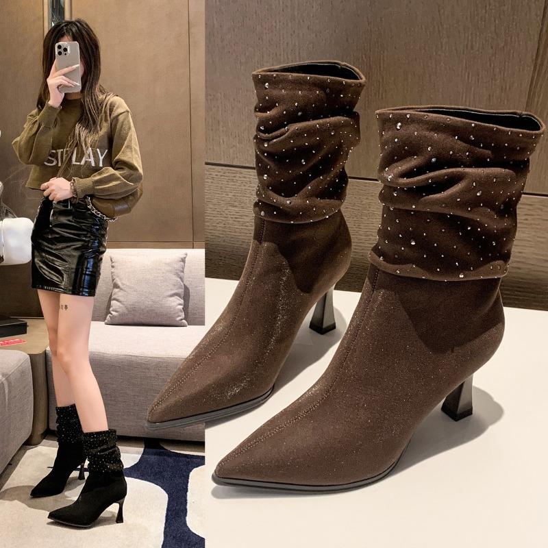 Fashion Stiletto Ankle Boots for Women In Autumn and Winter New Pointed Toe Boots Sexy Star Diamond Decorated Designer Boots for Women
