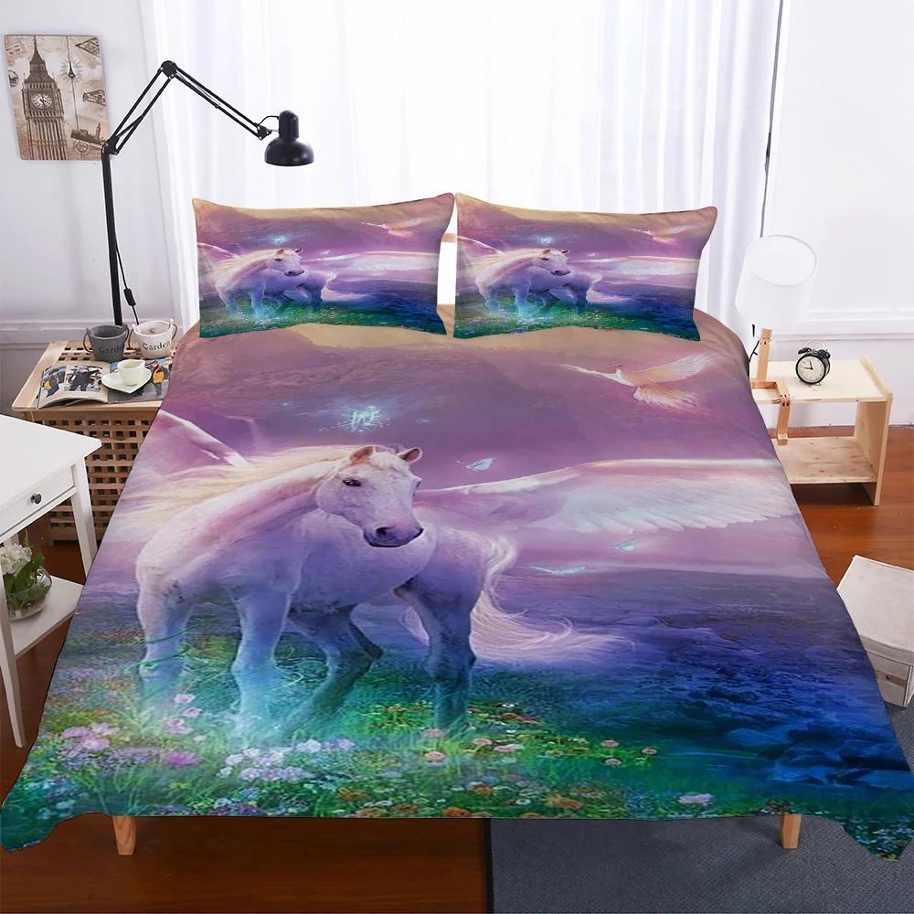 Reactive Printing Blue Sky Unicorn Duvet Cover Set Home Textile Unicorn Bedding Set Cartoon 135x200 Housse De Couette Cute BB580
