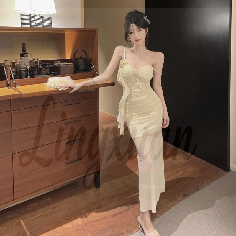 Sexy Mesh Low-Cut Camisole Long Dress Medium абрикосовый