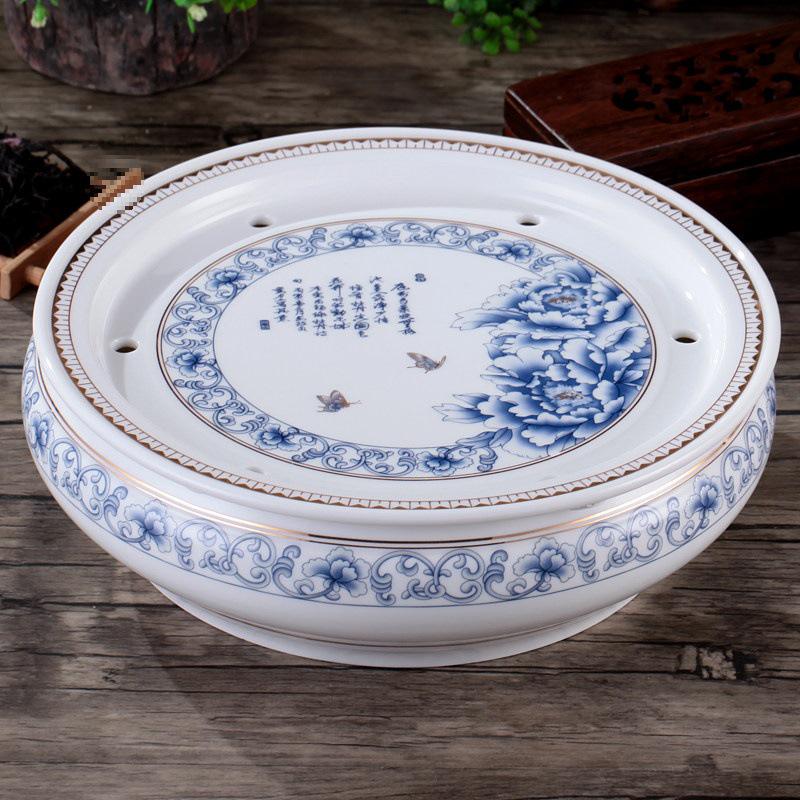 10-Inch Round Gongfu Ceramic Tea Tray with Double-Layer Water Storage