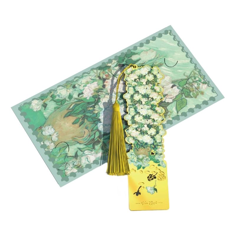 

Oil Painting Metal Bookmarks with Tassels Book Page Marker Hollowed Flower Engraved Bookmarks Gifting for Book Lover