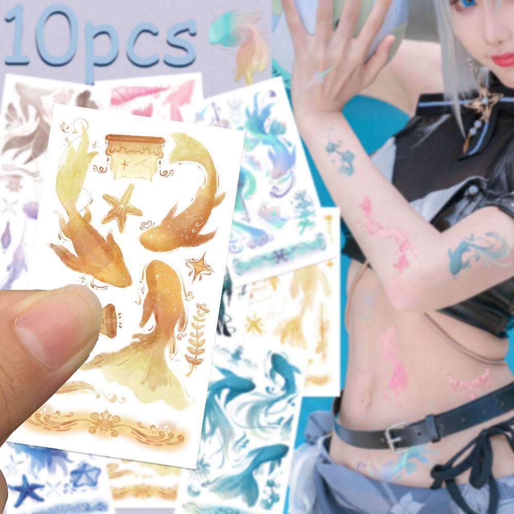10sheets Colorful Brocarded Carp Fish Tattoo Stickers For Arm Body Hand Temporary Fake Waterproof Tattoo Stickers Students Gifts