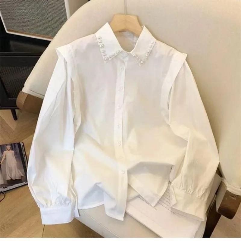 Heavy Beading Polo Collar Loose Casual Shirt Top Spring Autumn New Long-sleeved Women Korean