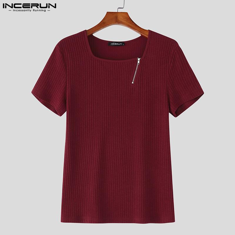 INCERUN Summer Men Square Collar Short Sleeve Zip-up Casual Rib Skinny T-shirts