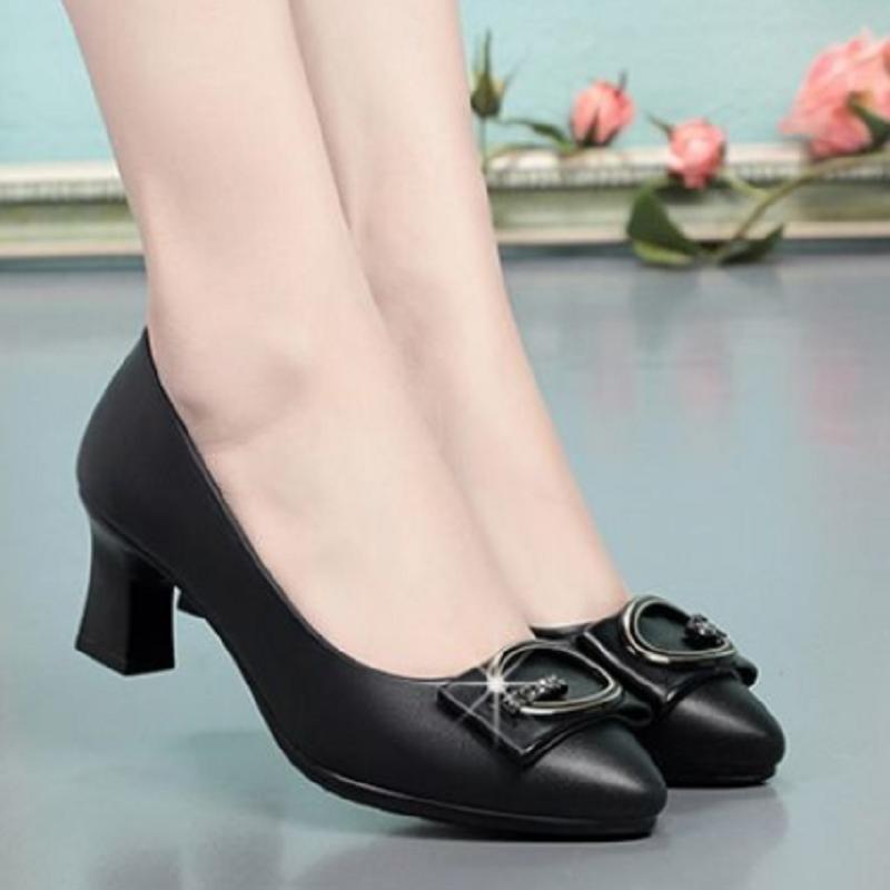  sapatos femininas women cute pointed toe black leather office square heel shoes lady classic comfort work shoes ab371