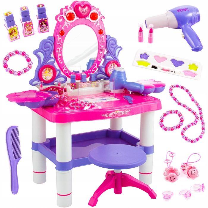 Coiffeuse enfant avec tabouret, lumières et sons, sèche-cheveux et bijoux - Kinderplay (KP2798)