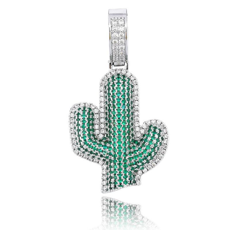 Cactus Shaped Hip Hop Pendant Full Zircon Necklace Men Women Trendy Jewelry Gift