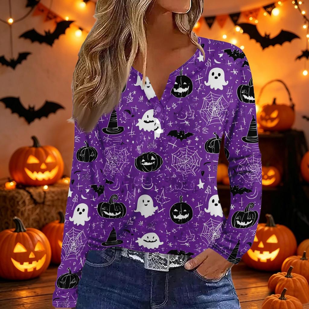 Damen Halloween Bedrucktes V-Ausschnitt Langarm T-Shirt, Knopfleiste Lässiges Oberteil für Damen