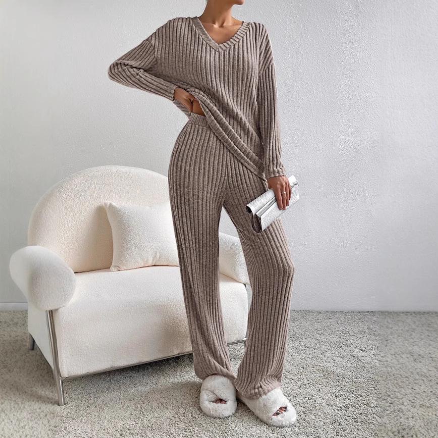 Women's 2024 Autumn V-Neck Rib-Knit Set with Casual Straight-Leg Pants In Macaron Colors