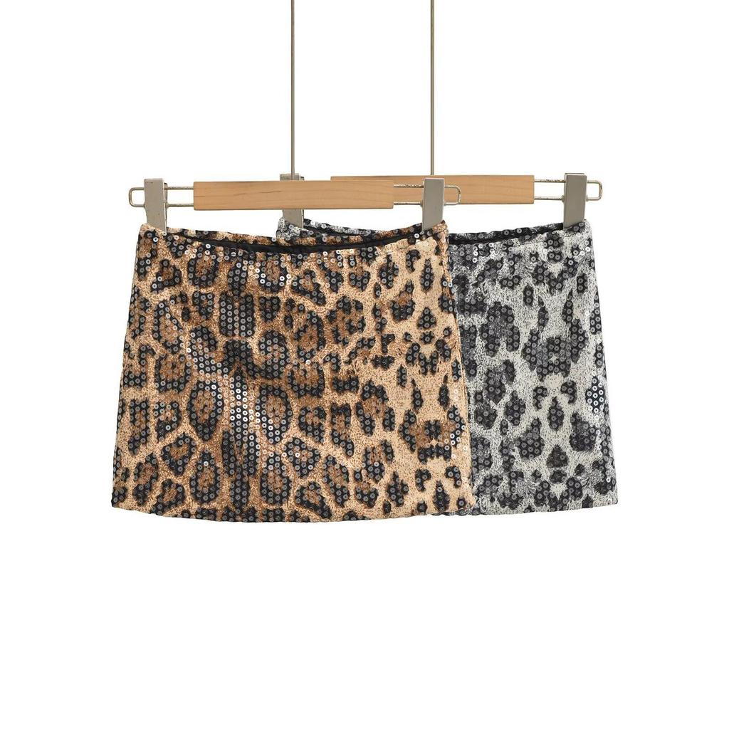2025 Autumn Retro Leopard Print Sequin Low-Waist Hip-Hugging Short Skirt for Women