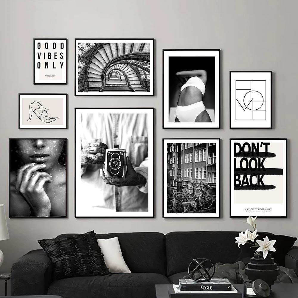 Black and White Wall Pictures Sexy Woman Canvas Poster Abstract Line Vintage Bike Art Painting Nordic Posters Living Room Decor