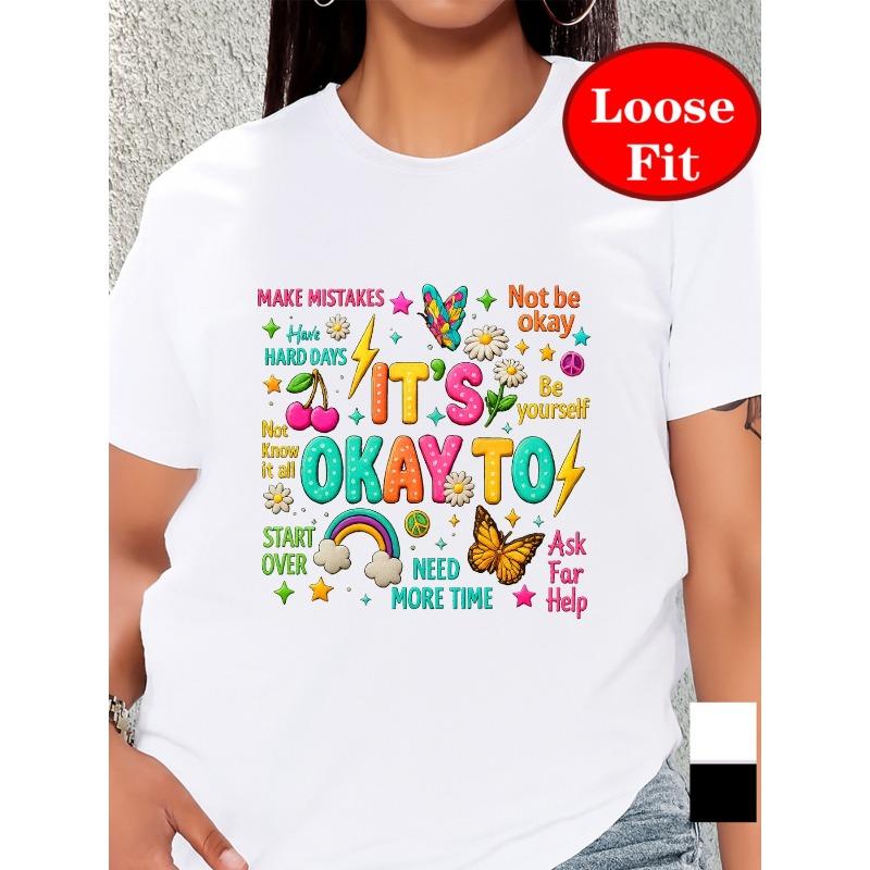 Europäische Größe Ermutige dich selbst, Akzeptiere Fehler, T-Shirt mit Rundhalsausschnitt und Kurzen Ärmeln, Lässiges Oberteil für Frühling und Sommer, Damenbekleidung in Übergrößen