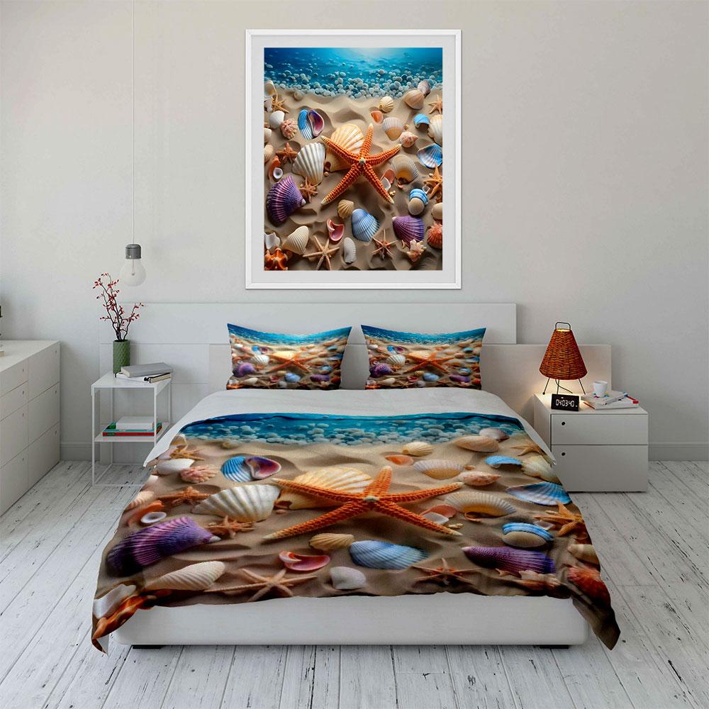 Seashells And Starfish On Sand Print Soft Comfortable Duvet Cover Bedding Set Included 1*Duvet Cover  2*Pillowcases Luxury Gift