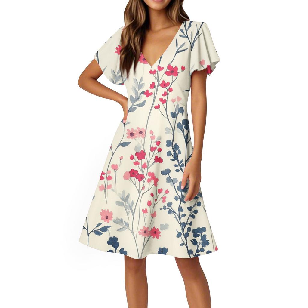 Women's Dress Flared Sleeve Short Sleeve Casual Floral V-neck Dress
