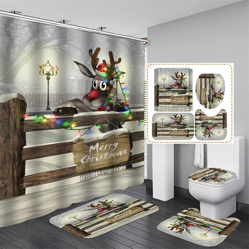 Santa Vánoční sada sprchových závěsů Vanová předložka Protiskluzový koberec Koupelnová přepážka Vodotěsná Domácí dekorace Cortinas Para Ba ñO