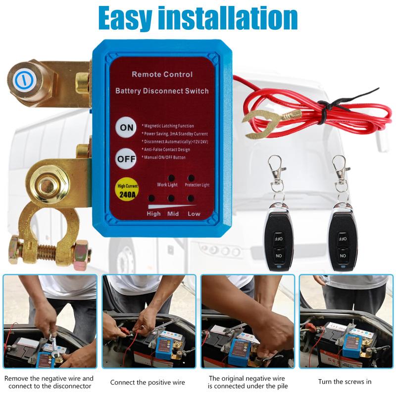 Car Kill Switch 12V 240A Remote Battery Disconnect Switch Automatic Car Battery Shut Off Switch Anti Theft Remote Control Switch