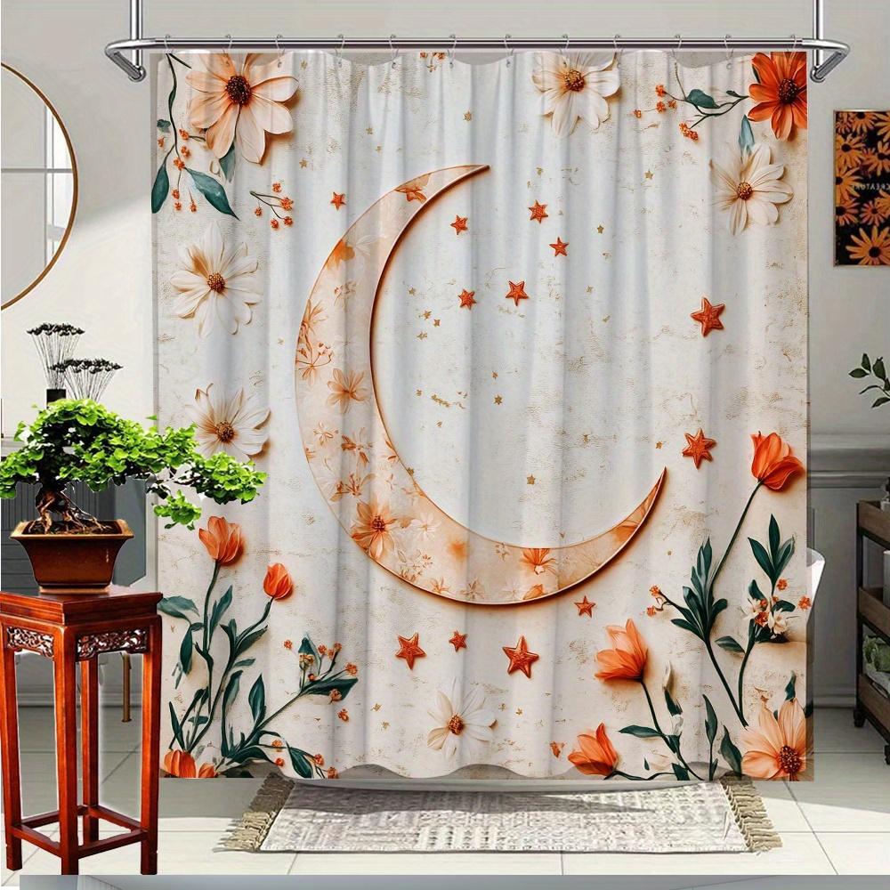 

1Pc Charming Moon & Floral Shower Curtain - Elegant Bathroom Decor With Crescent Moon, Stars & Orange Flowers, Polyester Fabric, W60H190(CM)-1 Pcs