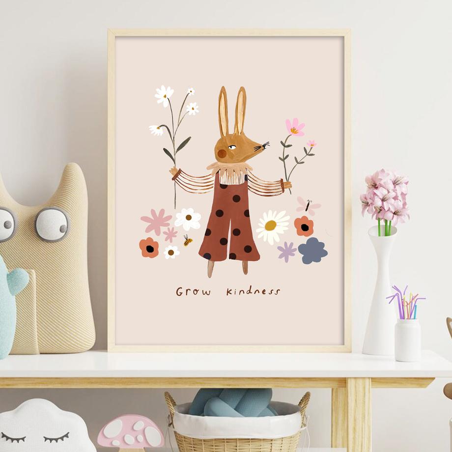 Dog Goose Rabbit Bear Fox Mouse Wildflower Cartoon Poster Wall Art Canvas Painting And Prints Wall Pictures Baby Kids Room Decor (with frame)